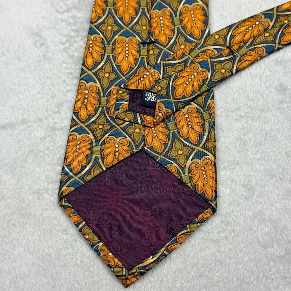 Burberrys Silk Tie Mens OS Gold Blue Leaf Pattern Art Nouveau Vintage Designer